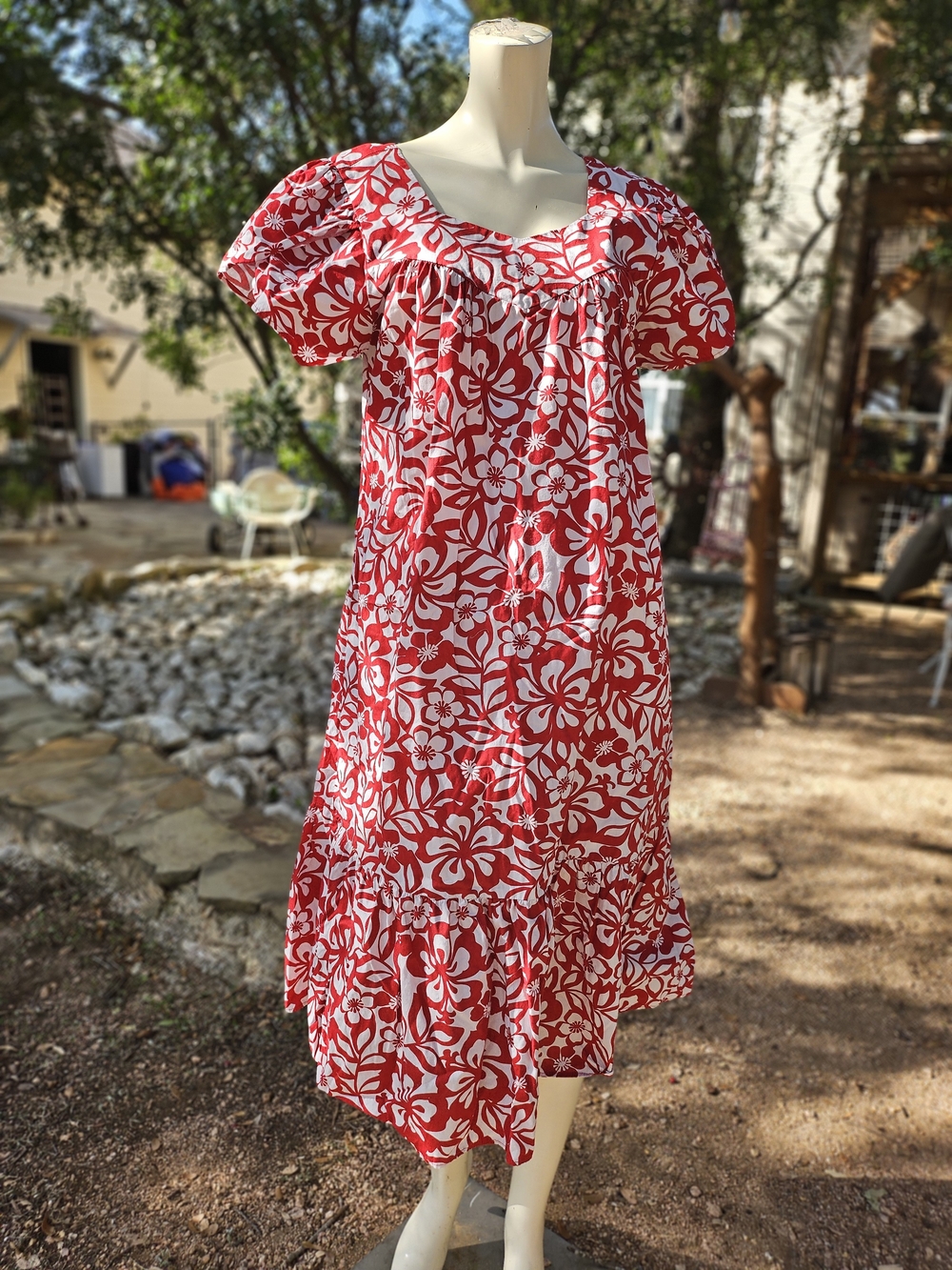 Vintage Aloha Republic Hawaiian Red &White Floral Midi Dress with Puff Sleeves